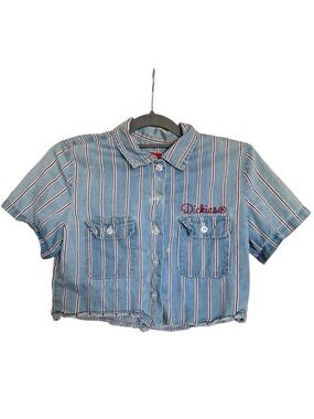 Dickies Light Blue Striped Button Down Crop Top Raw Hem Work Shirt Size S